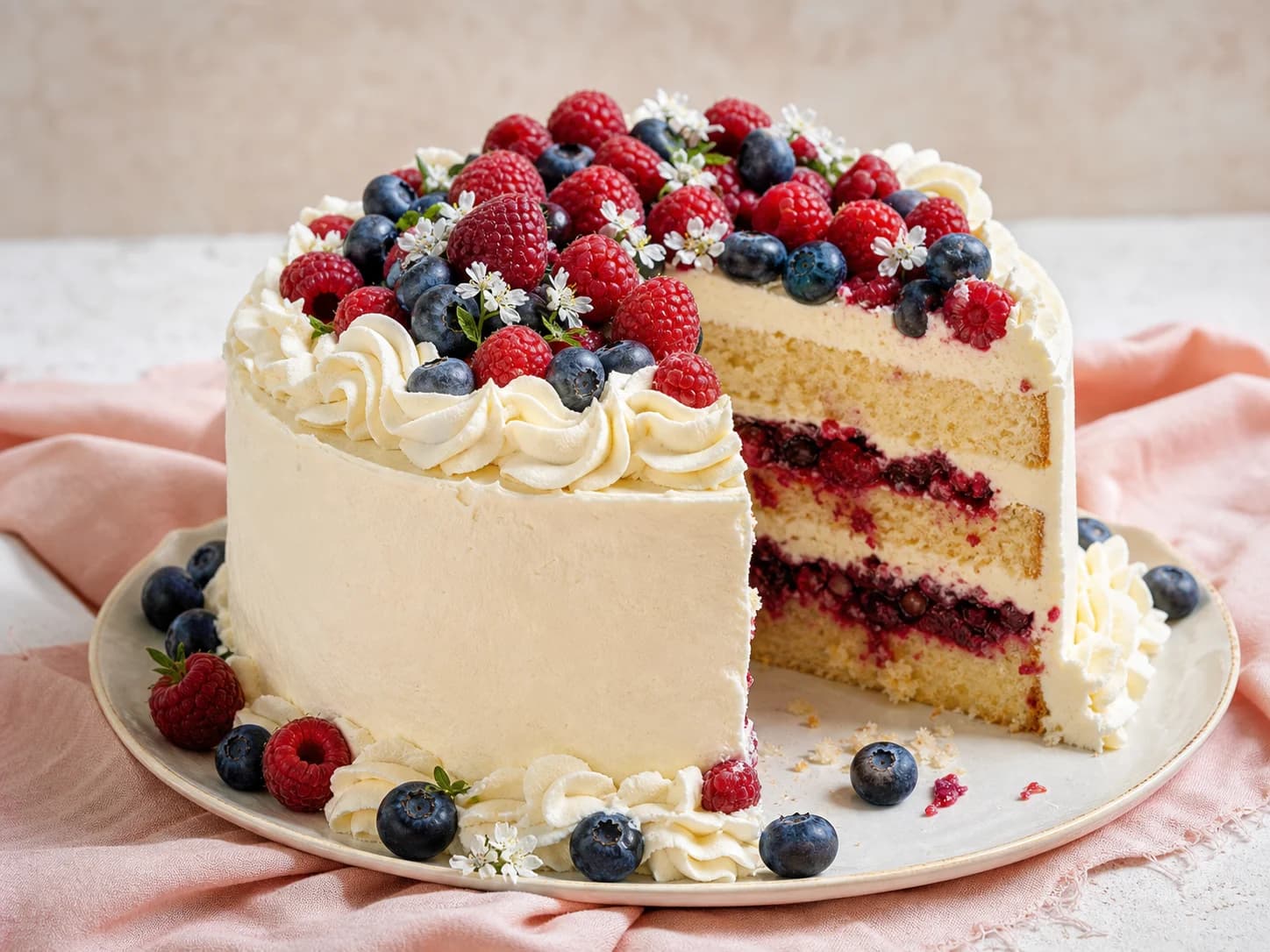 Eine Himbeer-Heidelbeer-Torte mit Mascarpone, Vanillebiskuit und sichtbaren Beerenschichten