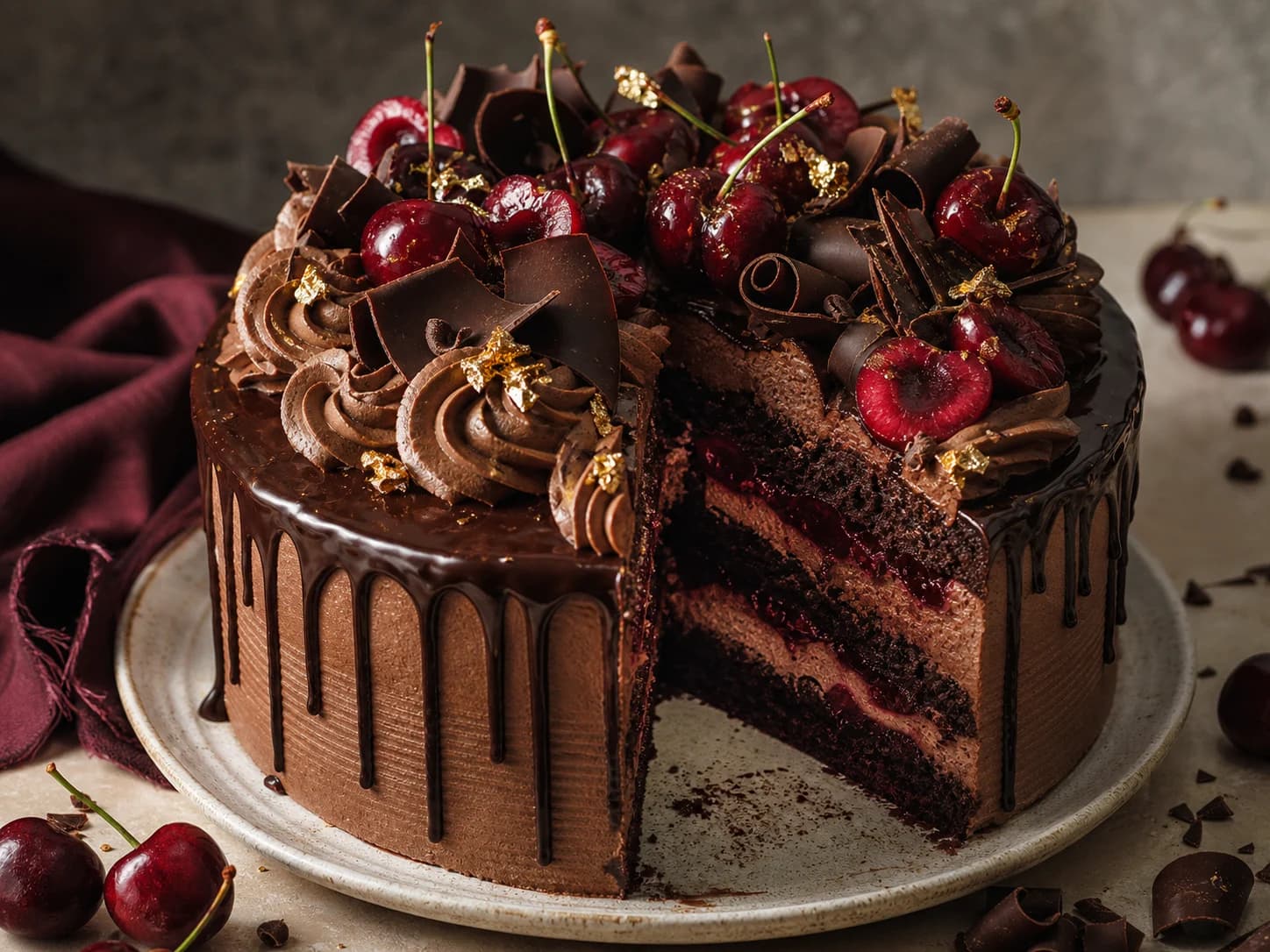 A dark chocolate and sour cherry cake with ganache, cherries and chocolate curls
