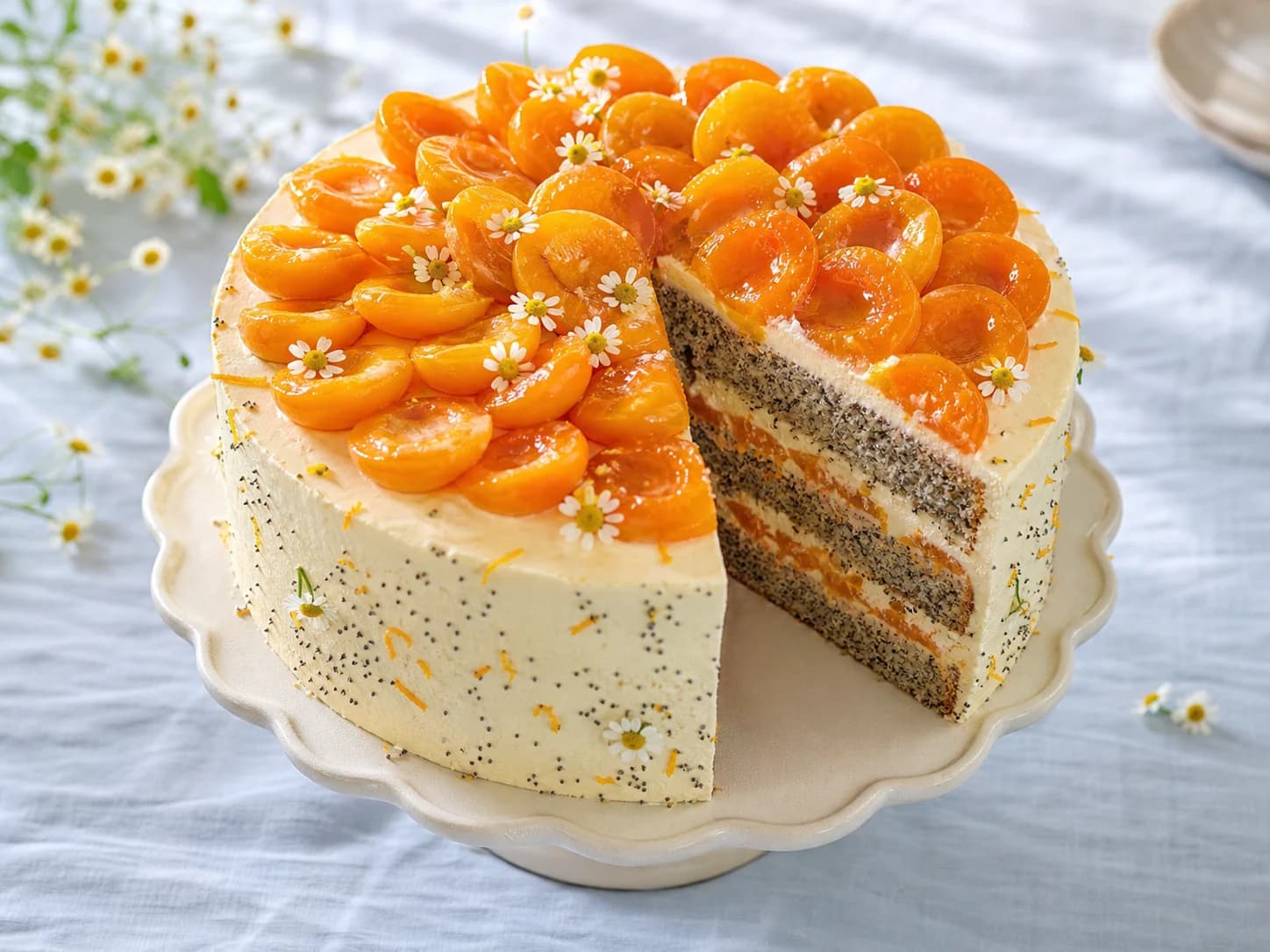 Eine Aprikosen-Mohn-Torte mit Zitronen-Mascarpone und Kamillenblüten