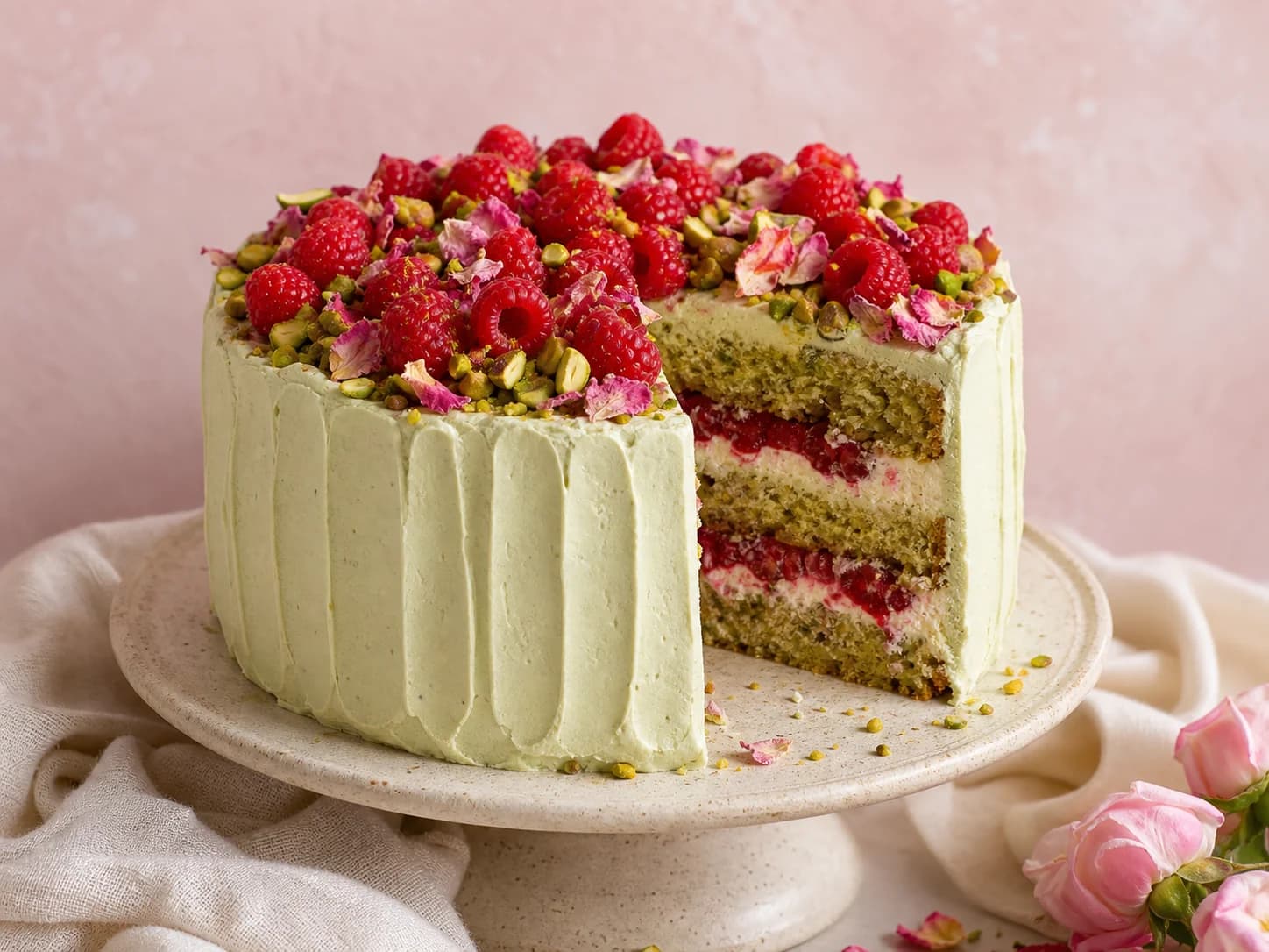 Eine zartgrüne Pistazientorte mit Himbeeren, Pistazien und rosa Rosenblättern