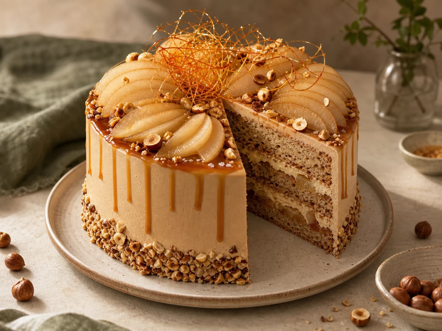 Eine Birnen-Haselnuss-Praliné-Torte mit Karamell und pochierten Birnen