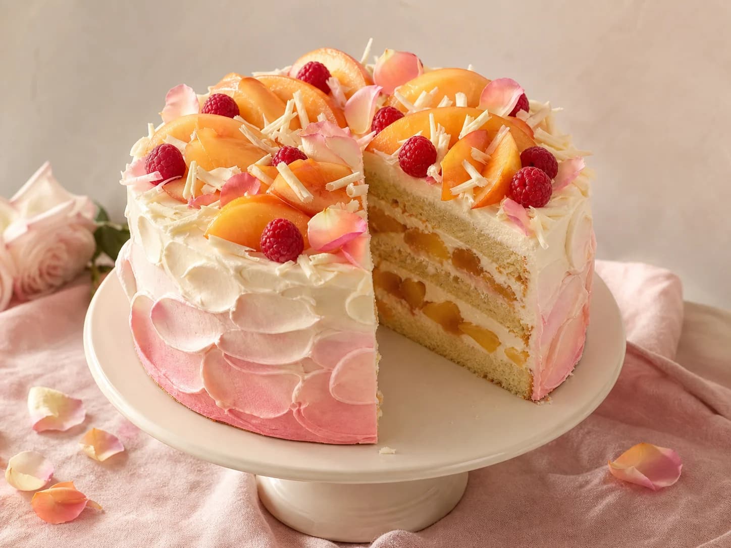 Eine rosa Pfirsich-Rosen-Torte mit Mascarpone, Himbeeren und weisser Schokolade