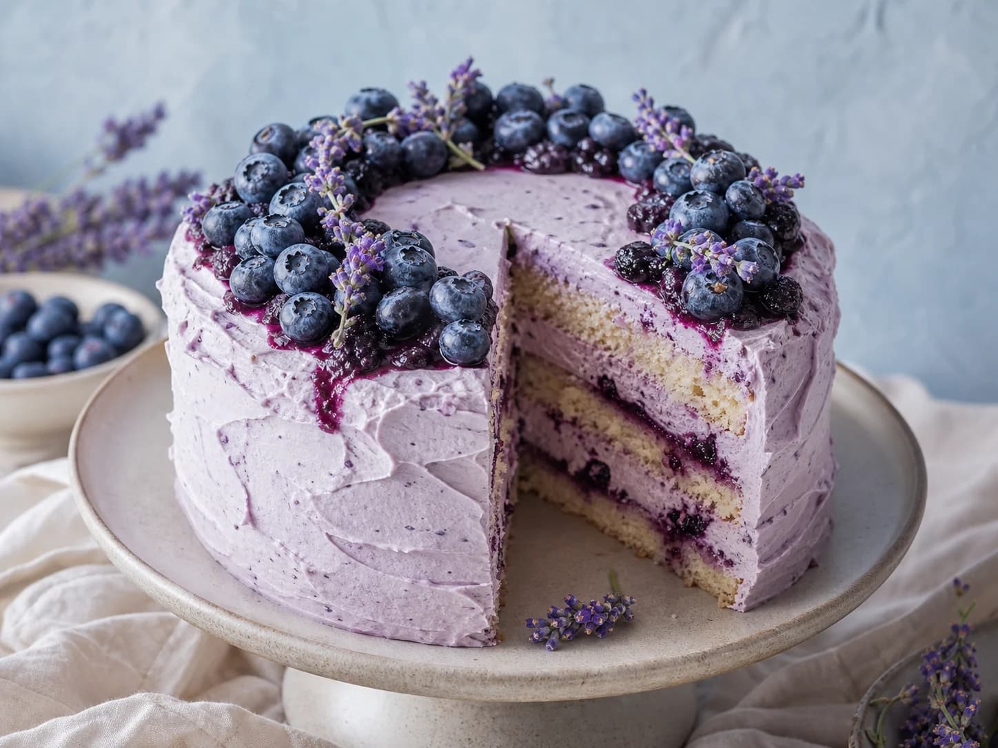 Eine hellviolette Heidelbeer-Lavendel-Torte mit Beerenkompott und essbarem Lavendel