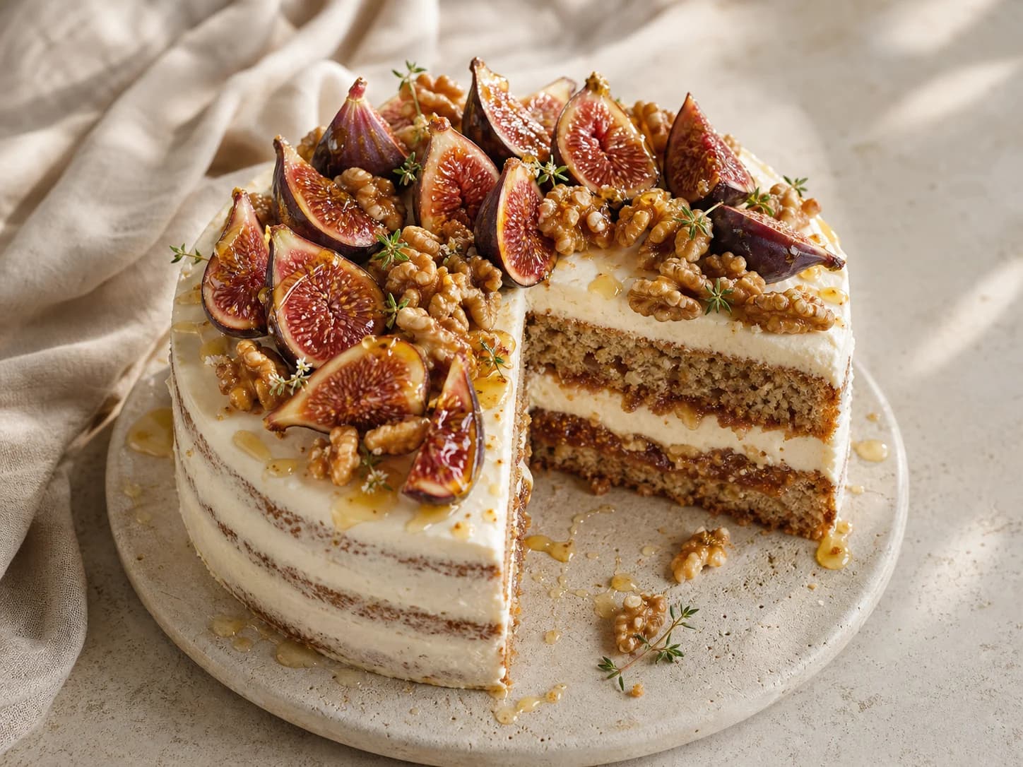 Eine Feigen-Honig-Walnuss-Torte mit frischen Feigen und gerösteten Walnüssen
