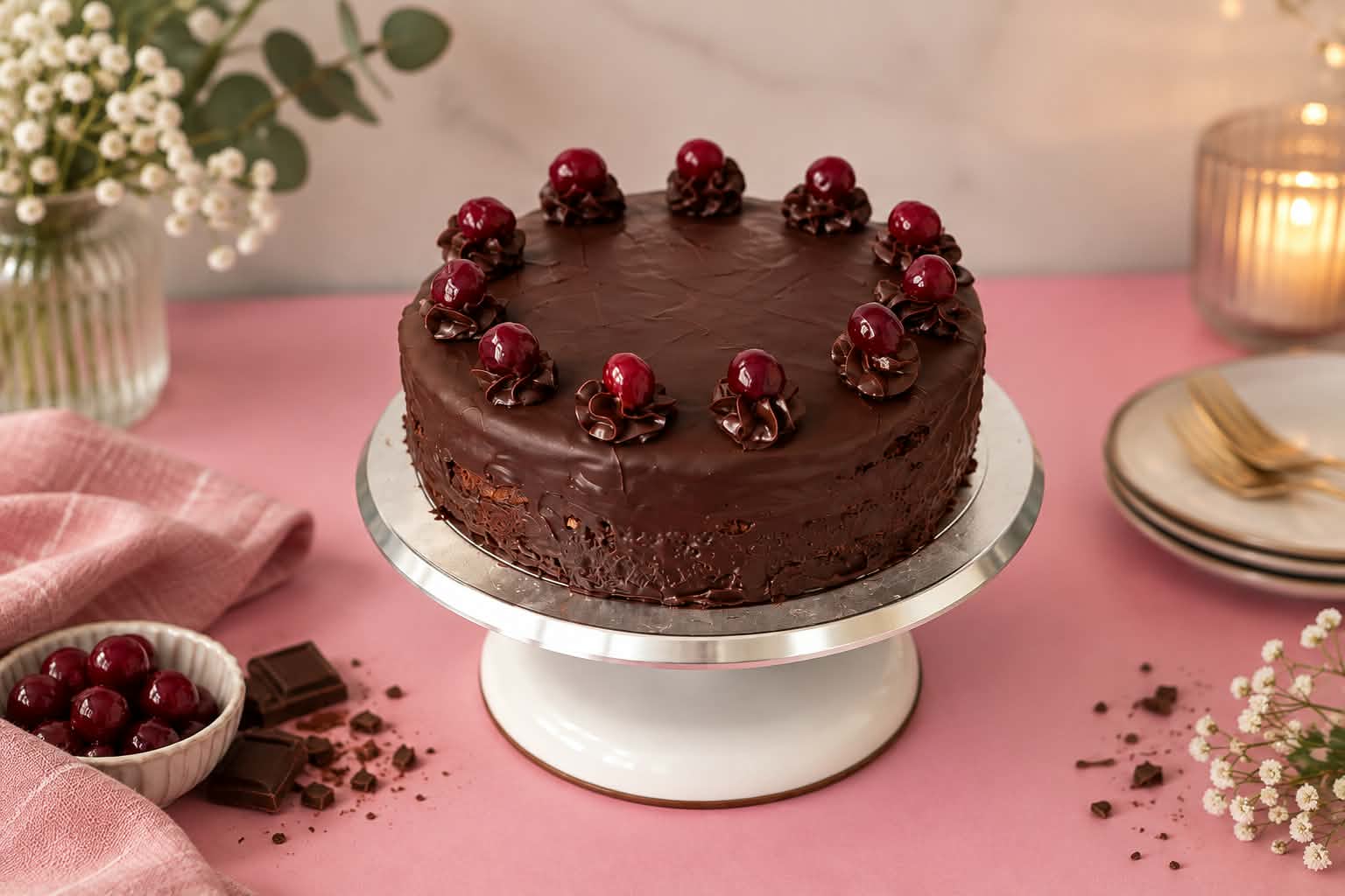 Ungarische Lúdláb-Schokoladentorte mit glänzender Ganache, Schokoladencremerosetten und Sauerkirschen auf einem weissen Tortenständer